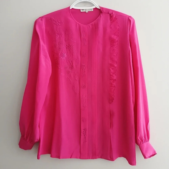 Vintage Peony Pure Silk Hand Embroidered Pink Long Sleeve Blouse Size 34 Small - Picture 3 of 17
